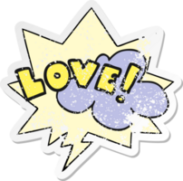 cartoon word love with speech bubble distressed distressed old sticker png