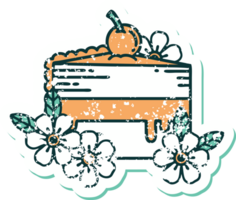 iconic distressed sticker tattoo style image of a slice of cake and flowers png