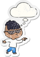 cartoon boy wearing sunglasses pointing with thought bubble as a distressed worn sticker png