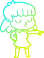 cold gradient line drawing of a cartoon indifferent woman pointing png