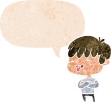 Karikatur Junge kleben aus Zunge mit Rede Blase im Grunge betrübt retro texturiert Stil png
