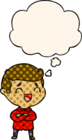 cartoon laughing man with thought bubble in comic book style png