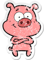 distressed sticker of a happy cartoon pig png