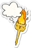 cartoon flaming torch with thought bubble as a distressed worn sticker png