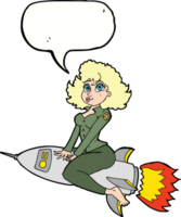 tekenfilm leger pin omhoog meisje rijden raket met toespraak bubbel png