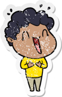 distressed sticker of a cartoon happy man laughing png
