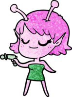 Sonriente niña alienígena dibujos animados apuntando pistola de rayos png