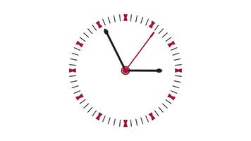 Clock Counting Down 24 Hour Day Fast Speed. Clock with moving arrows. Clock time lapse UHD 4K Animation.Animated in 12h loop. Wall Clock time lapse animation. Black Frame, Red pointer second pointer video