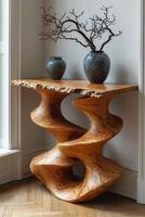 AI generated Handmade wooden designer table in the interior photo