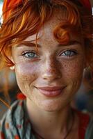 AI generated Portrait of a young red-haired woman against the background of a rainy street. Long curly red hair photo