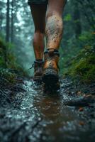 AI generated A man walking through mud in the middle of the jungle in rainy weather photo