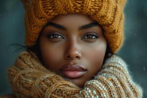 AI generated Winter portrait of a young African American beautiful woman in a hat and scarf photo