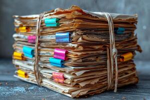 AI generated A stack of sheets of paper on the table, Paper documents stuck on the table. Business concept photo