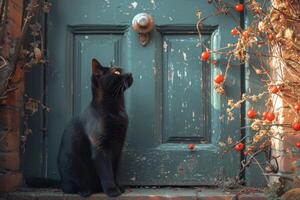AI generated There was a cute black cat sitting near the door, guarding the entrance photo