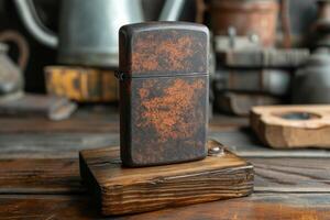 AI generated A vintage gasoline lighter for cigars stands on a stand on the table photo