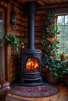 AI generated cast-iron stove in a rustic house with a fire lit inside to heat the house photo