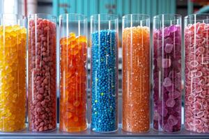 AI generated Glass flasks with colorful delicious candies on the shelf photo