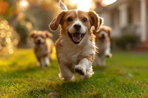 AI generated Running beagle dogs run on the green grass in summer photo