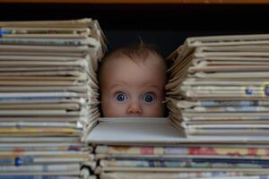 ai generado un joven sorprendido niño se esconde detrás pilas de libros foto