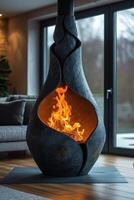 AI generated Modern designer black cast iron fireplace in a country house with a burning fire photo