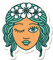 tattoo style sticker of a maidens face winking png