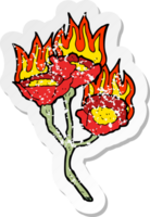 autocollant rétro en détresse d'un dessin animé brûlant des fleurs png