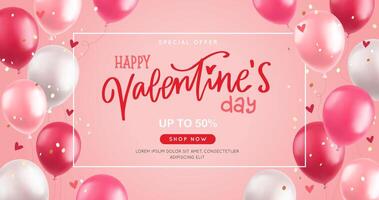 Valentines day banner with 3d balloons, realistic pink and red air balloons, hand drawn calligraphy on pink background, Vector illustration