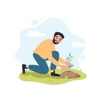 Man planting garden flowers in soil. Male working in garden. Cute vector illustartion in flat cartoon style