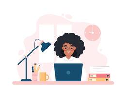 Black woman working with laptop. Office worker, employee. Cute concept vector illustration in flat style