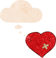 coeur d'amour de dessin animé avec sparadrap et bulle de pensée dans un style texturé rétro png