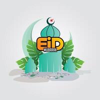 Elegant Islamic greetings Eid mubarak festival background design with beautiful lanterns and mosque vector