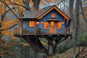 ai generado linda pequeño árbol casa para niños en el bosque foto