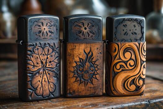 AI generated Three designer gasoline cigar lighters stand on a stand on the table photo