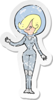 retro distressed sticker of a cartoon space woman png