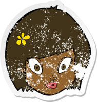 retro distressed sticker of a cartoon happy female face png