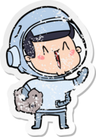 distressed sticker of a happy cartoon astronaut with moon rock png