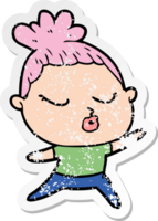 distressed sticker of a cartoon calm woman png