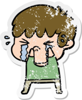 distressed sticker of a cartoon boy crying png