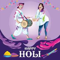 Holi Greetings with a colorful drummer and a dancing girl having fun vector