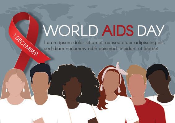 World AIDS Day. Horizontal banner with a red ribbon, and diverse people. Vector flat illustration..