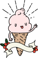 banner with tattoo style ice cream character waving png