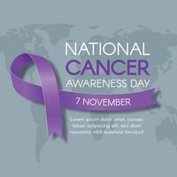 National Cancer Awareness Day. Square card with purple ribbon and space for text. Vector flat illustration.