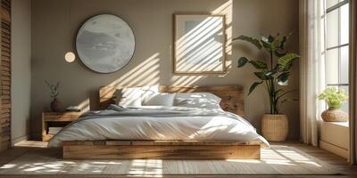 AI Generated Bright and cozy modern bedroom with wooden large bed. smoothing morning light with modern decoration. 3d render photo