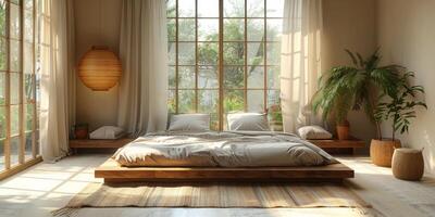 AI Generated Bright and cozy modern bedroom with wooden large bed. smoothing morning light with modern decoration. 3d render photo