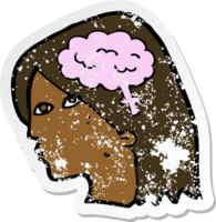 retro distressed sticker of a cartoon female head with brain symbol png