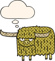 cartoon hairy cow and thought bubble in comic book style png