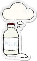 botella de leche de dibujos animados y burbuja de pensamiento como una pegatina gastada angustiada png