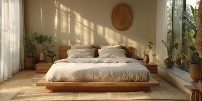 AI Generated Bright and cozy modern bedroom with wooden large bed. smoothing morning light with modern decoration. 3d render photo