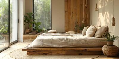 AI Generated Bright and cozy modern bedroom with wooden large bed. smoothing morning light with modern decoration. 3d render photo