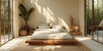 AI Generated Bright and cozy modern bedroom with wooden large bed. smoothing morning light with modern decoration. 3d render photo